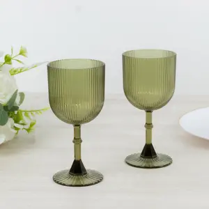 12-Pack Plastic Goblets Dusty Sage Green Vintage Ribbed Pattern - Transparent Reusable Shatterproof Glassware 9oz