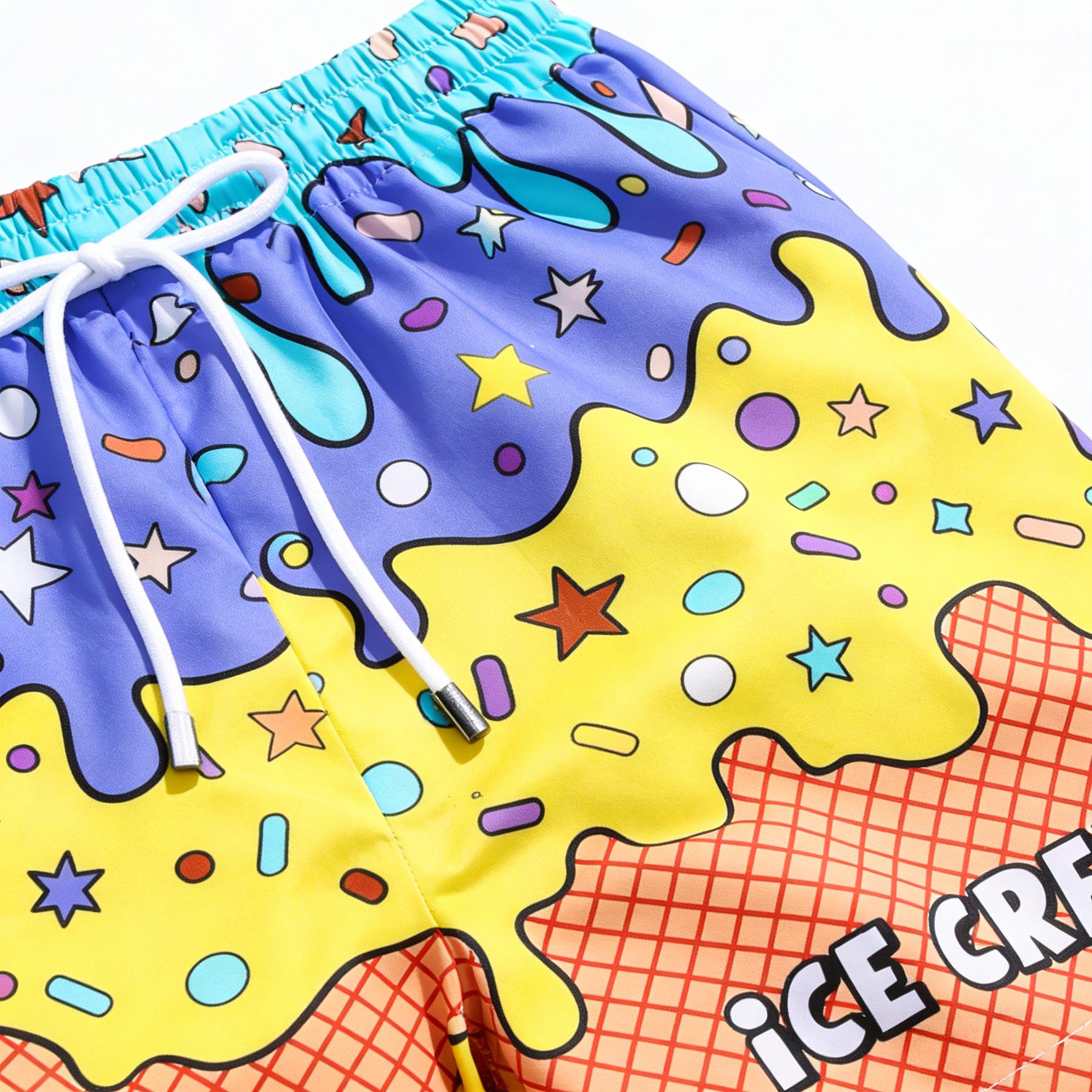 Mens Graphic Swim Trunks Y2K Ice Cream Drip Print Cartoon Beach Shorts All Over Sprinkle Doodle Elastic Drawstring Relaxed Fit Novelty Board Shorts Pop Art Streetwear Vacation Pool Party Resort Cruise Surf Water Park Festival Seaside Holiday Summer Outfit