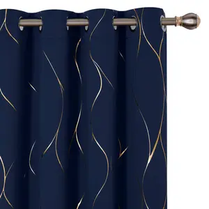 Deconovo Blackout Curtains (2 Panels & Gold Wave Foil Print) - Thermal Insulated,Soundproof Printed Drapes for Living Room, Bedroom, Sliding Glass Door and Office