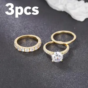 3pcs Stackable Rings Set Wedding Engagement Promise Eternity Rings for Women Girlfriend Gifts Shiny Cubic Zirconia Elegance Fashion Golden & Silver Rings Size 6-10
