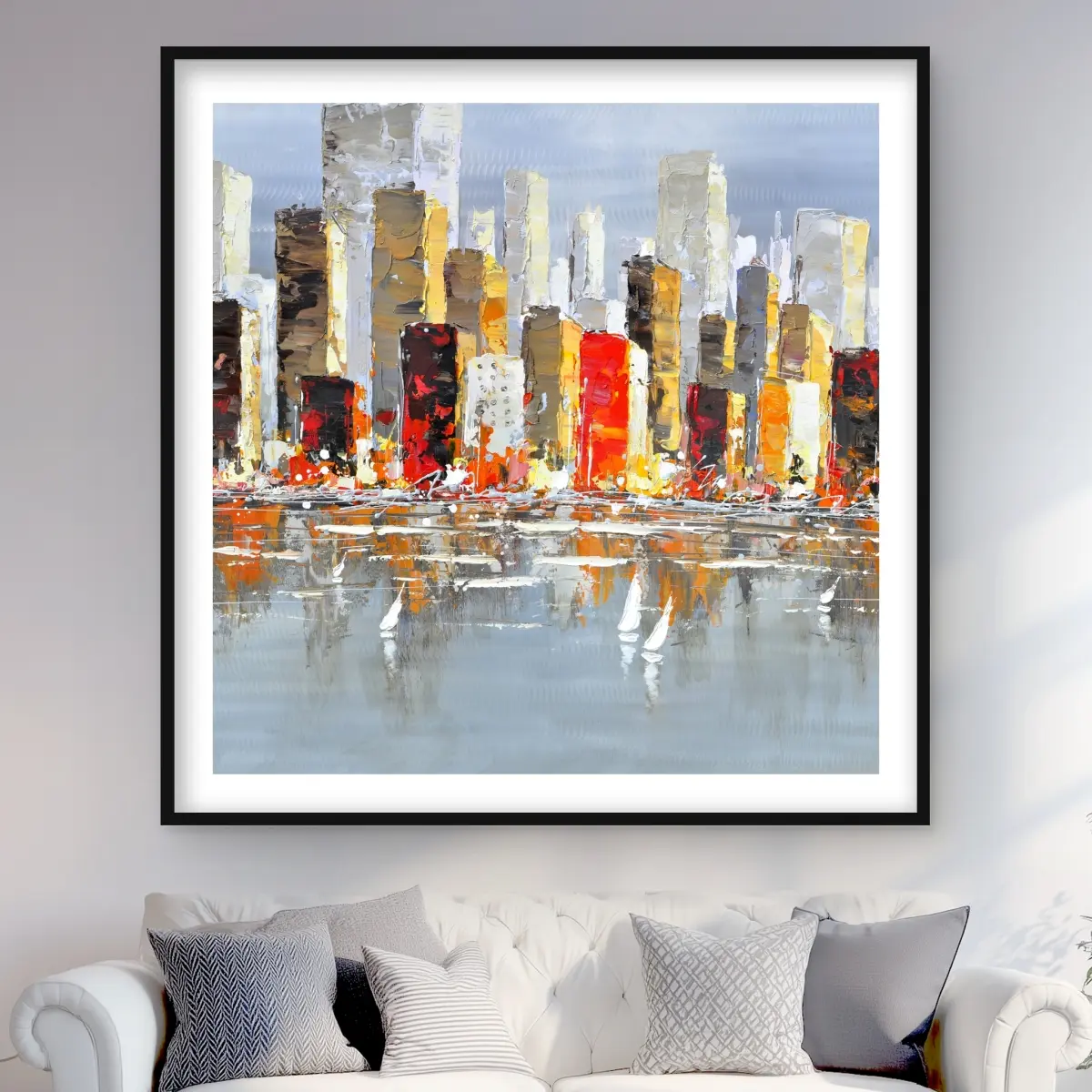 Begin Home Decor C1FM4848NSVUGV 48 x 48 in. Colorful Buildings with Water Reflection - Gray Framed Print Wall Art