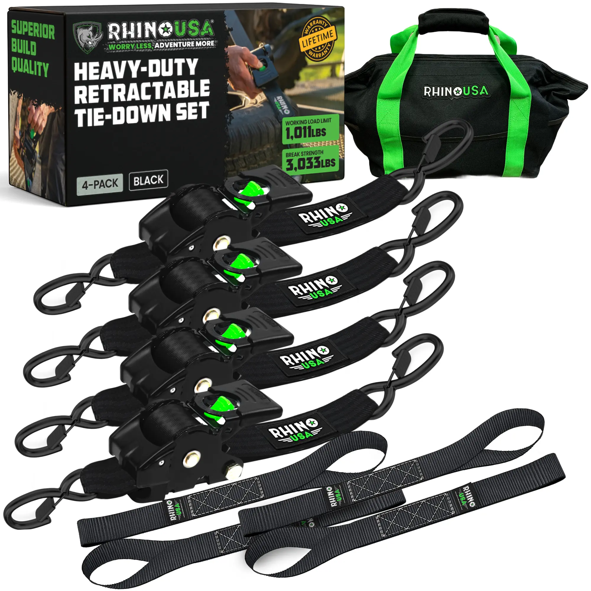 Rhino USA 2" x 10' Retractable Ratchet Straps 2- or 4-Pack - (3,033lb Break Strength) - Heavy Duty Self Retracting Tie Down Straps for Truck, Cargo Trailer