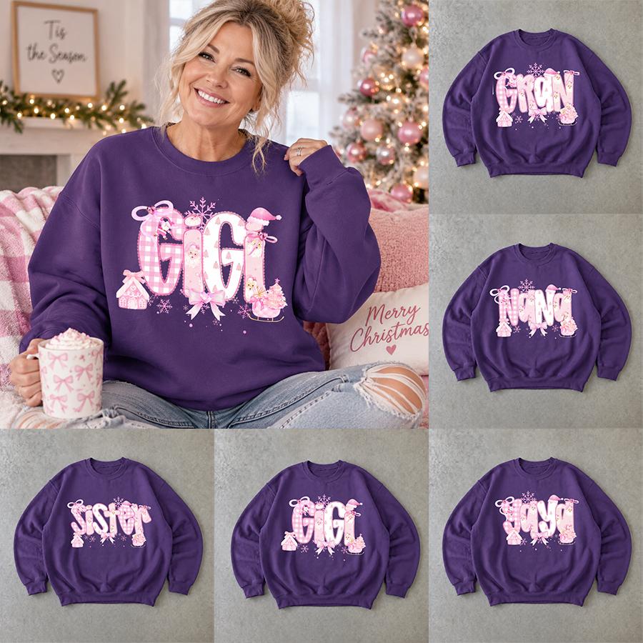 Custom Christmas Gigi Sweatshirt, Personalized Grandma Crewneck, Holiday Family Matching Shirt, Cute Winter Letter Print Pullover, Custom Name Gift for Nana Mimi Gigi, Cozy Xmas Outfit, Festive Snow Season Top for Women -DPCLICK