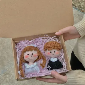 Crochet Wedding Groom & Bride Set - Includes Bride, Groom with Black Hair & Heart, Handmade Milk Cotton Yarn, Customizable Keychain or Wooden Display Stand