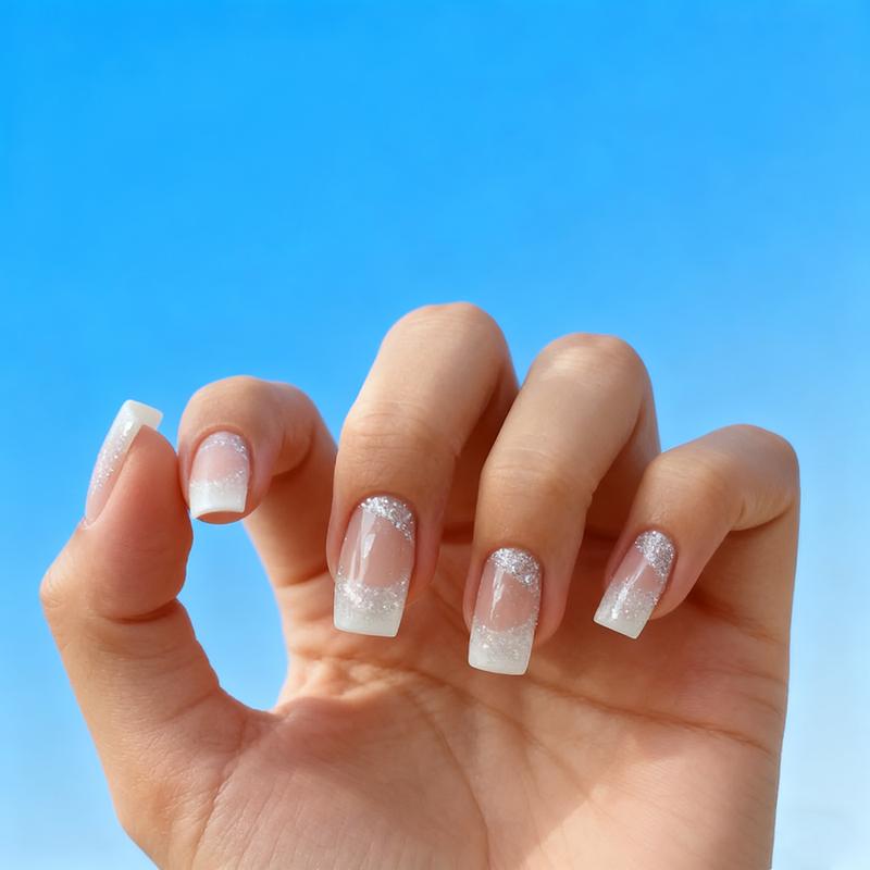 Square Press on Nails Medium French Tips Fake Nails Silver Glitter Acrylic Nails Press ons White Ombre Glue on Nail Shiny Stick on Nail Nude False Nails for Women Girls Nails Decoration 24Pcs