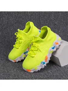 Boys' Breathable Knit Sneakers, Neon Green/Black Graffiti Chunky Running Shoes, Lightweight Soft Sole Kids' Athletic Shoes