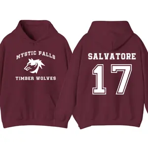 The Vampire Diaries Inspired Hoodie, Mystic Falls Salvatore 17 Front & Back Graphic Pullover, Unisex Casual Streetwear Long Sleeve Apparel Fitted Womenswear