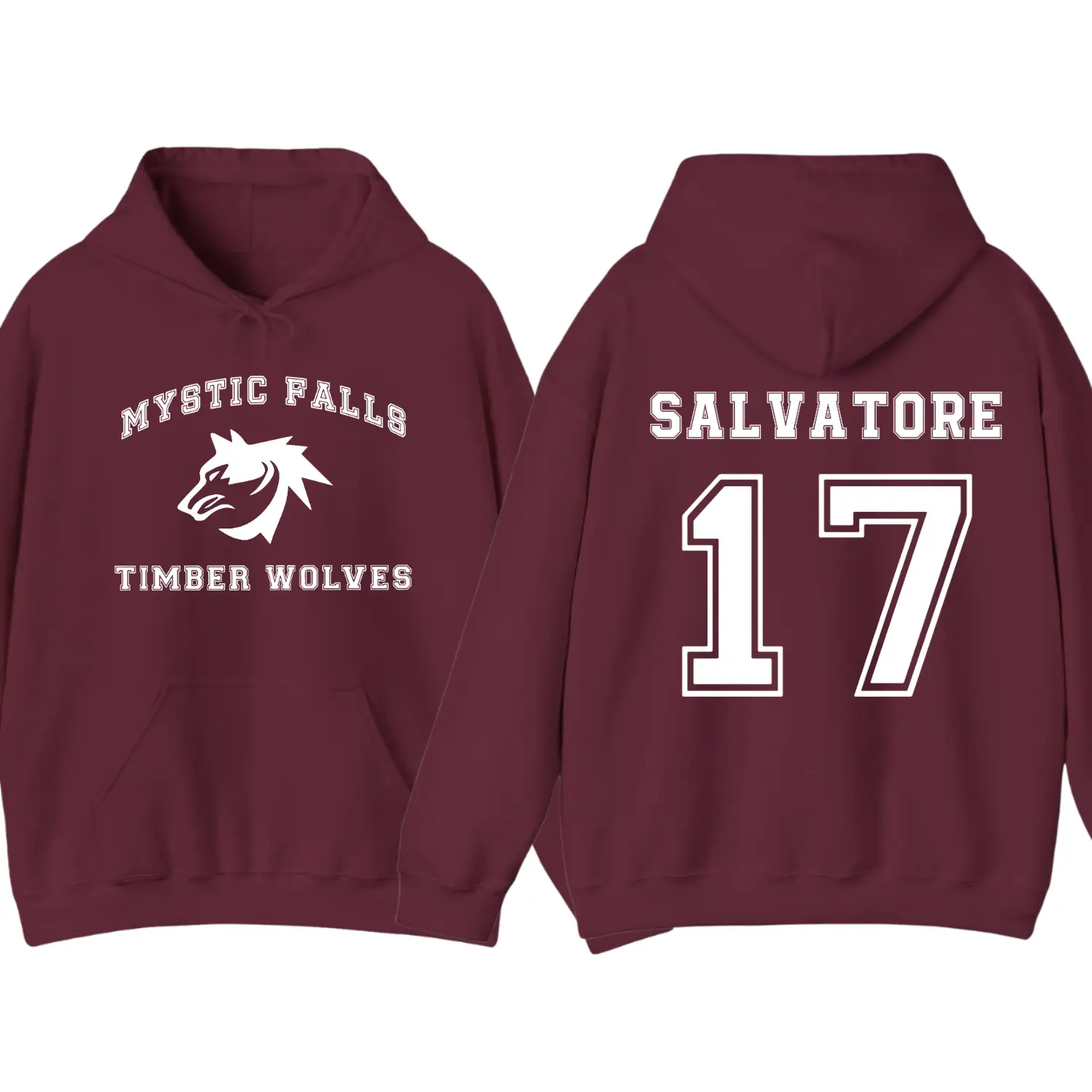 The Vampire Diaries Inspired Hoodie, Mystic Falls Salvatore 17 Front & Back Graphic Pullover, Unisex Casual Streetwear Long Sleeve Apparel