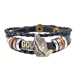 Blessing Fashion Prayer Hand Styling Vintage Woven Bracelet Adjustable Faux Leather Lettering God Bless Popular Gift Accessories for Family Friends Holiday Gift casual trendy bracelet bracelet  for  women bracelet  for  men bracelet  of  the  day