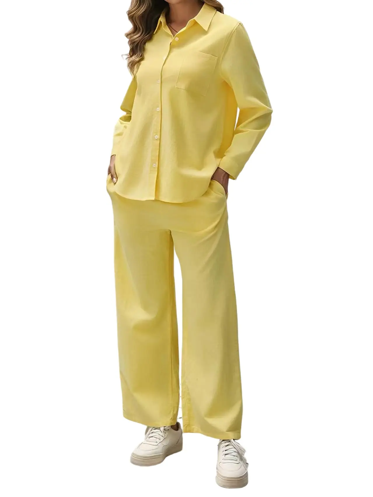 QKU Women's 2-Piece Cotton Casual Suit Set - Lady's Long Sleeve Button-Up Cardigan, Comfortable Fitted Casual Pants, Everyday Clothes, Fall Loungeset (2-Piece Sets for Women), Style