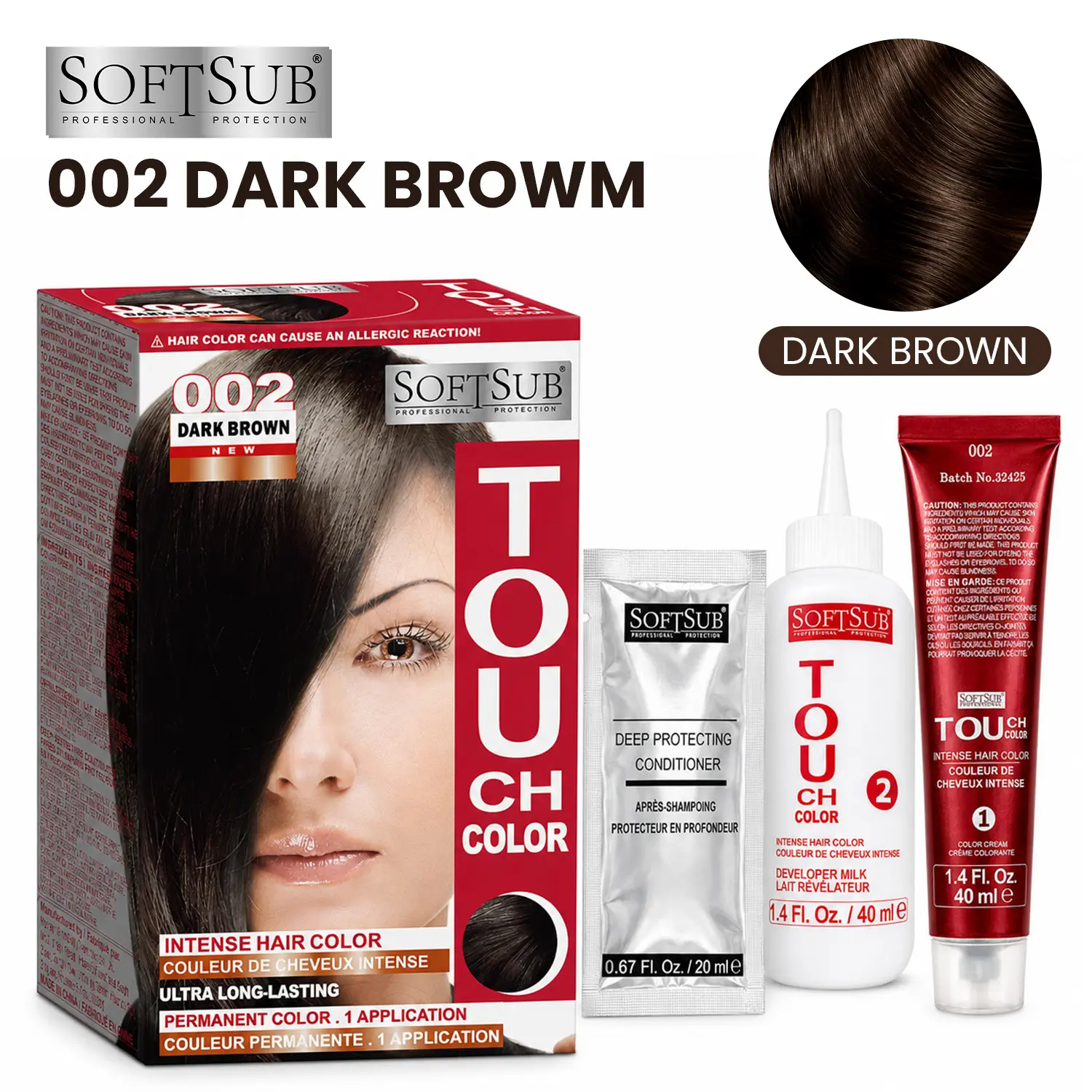 Women's Permanent Hair Dye Cream 002 Dark Brown - All-In-1 At-Home DIY Hair Coloring Set with Bonus Conditioner, Vivid Long-Lasting Results,SOFTSUB