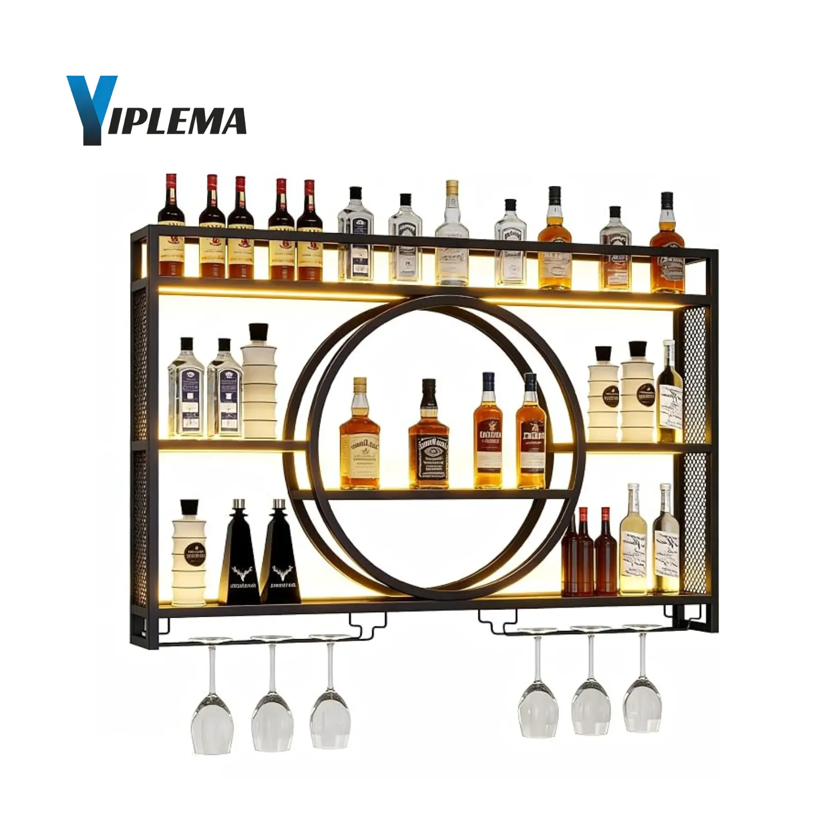 【Summerfinds】YIPLEMA Modern Wine Storage Rack Wall Mounted With LED Light With Wine Glass Holder,Iron Bar Liquor Shelf,Floating Wall Wine Shelves,Bar Liquor Bottle Display Shelf For Kitchen Bar Decoration