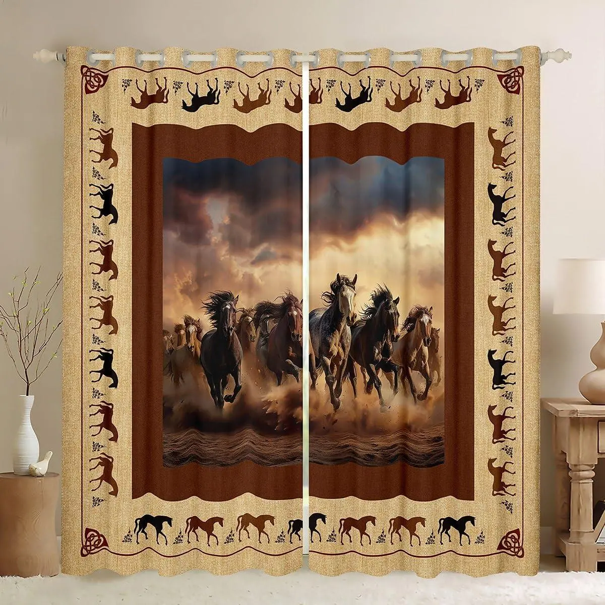 Horse Curtains for Living Room (2 Panels ) Galloping Horse Blackout Curtains for Boys Western Decor Cute Animal Darkening Drapes Kawaii Farm Cowboy Brown Window Treatments