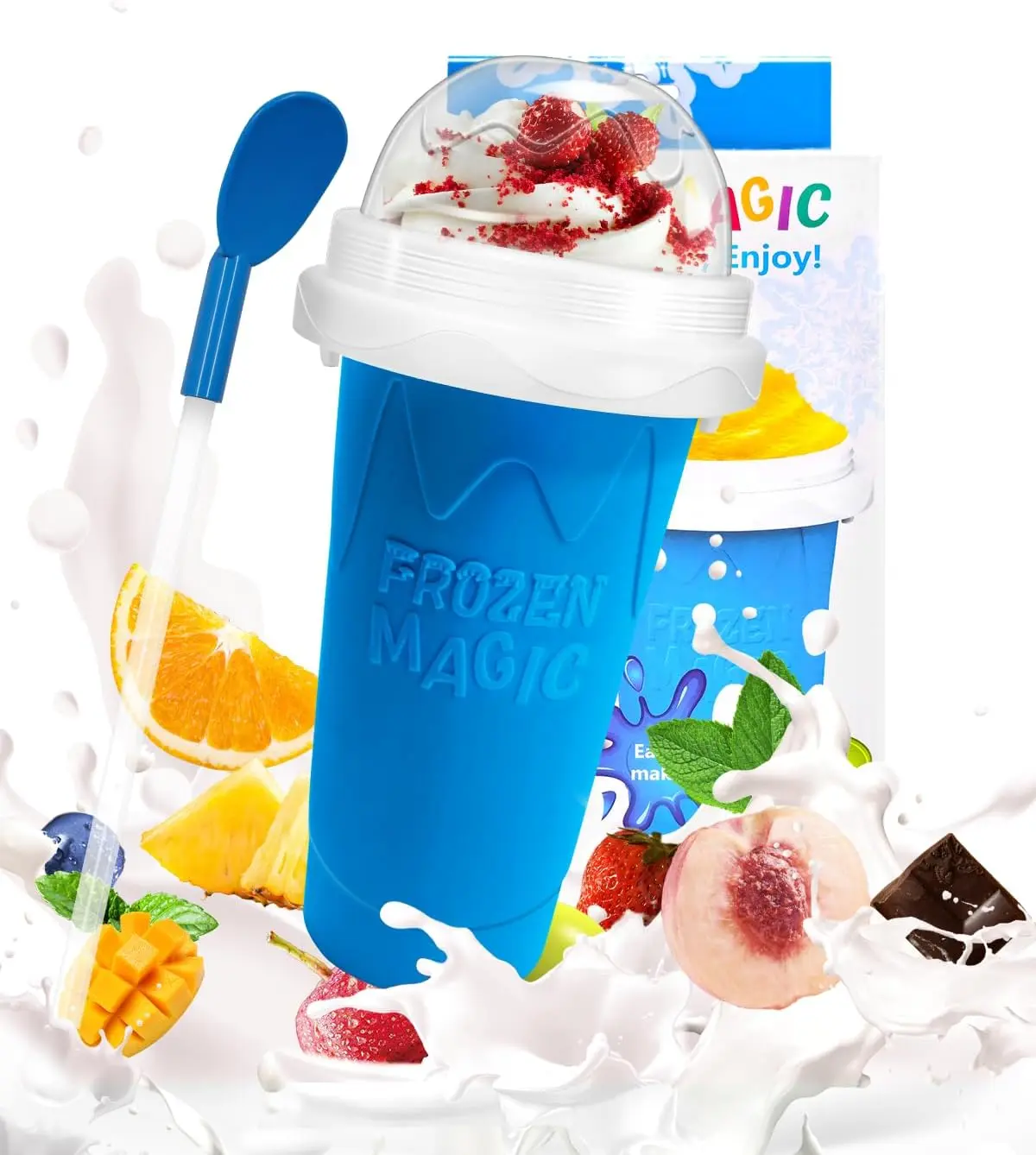 Slushie Cup, Double Layers Silica DIY Portable Slushy Cup with Lid & Straw | frozen magic slushy maker cup, Juices, Milk, Ice Cream Make, Kids, Friends, Family, Blue