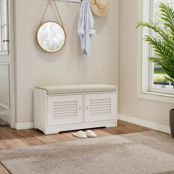28.74" Shoe Storage Cabinet with 2 Doors & Cushion - White Entryway Organizer with Adjustable Shelves, for Hallway, Closet, or Living Room