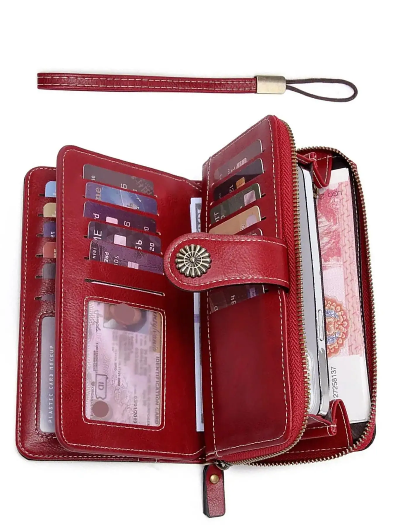 Women's Simple Style Plain Color Long Wallet with Card Slots, Casual Trendy Versatile Id Window Zipper Wallet with Wrist Strap, Fashionable Pu Leather