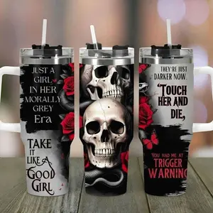 Just a Girl in Her Morally Grey Era 40oz Tumbler with Handle | Dark Romance Bookish Gift | Touch Her and Die Skull Aesthetic | Booktok Merch for Smut Readers | Insulated Coffee Travel Mug for Women