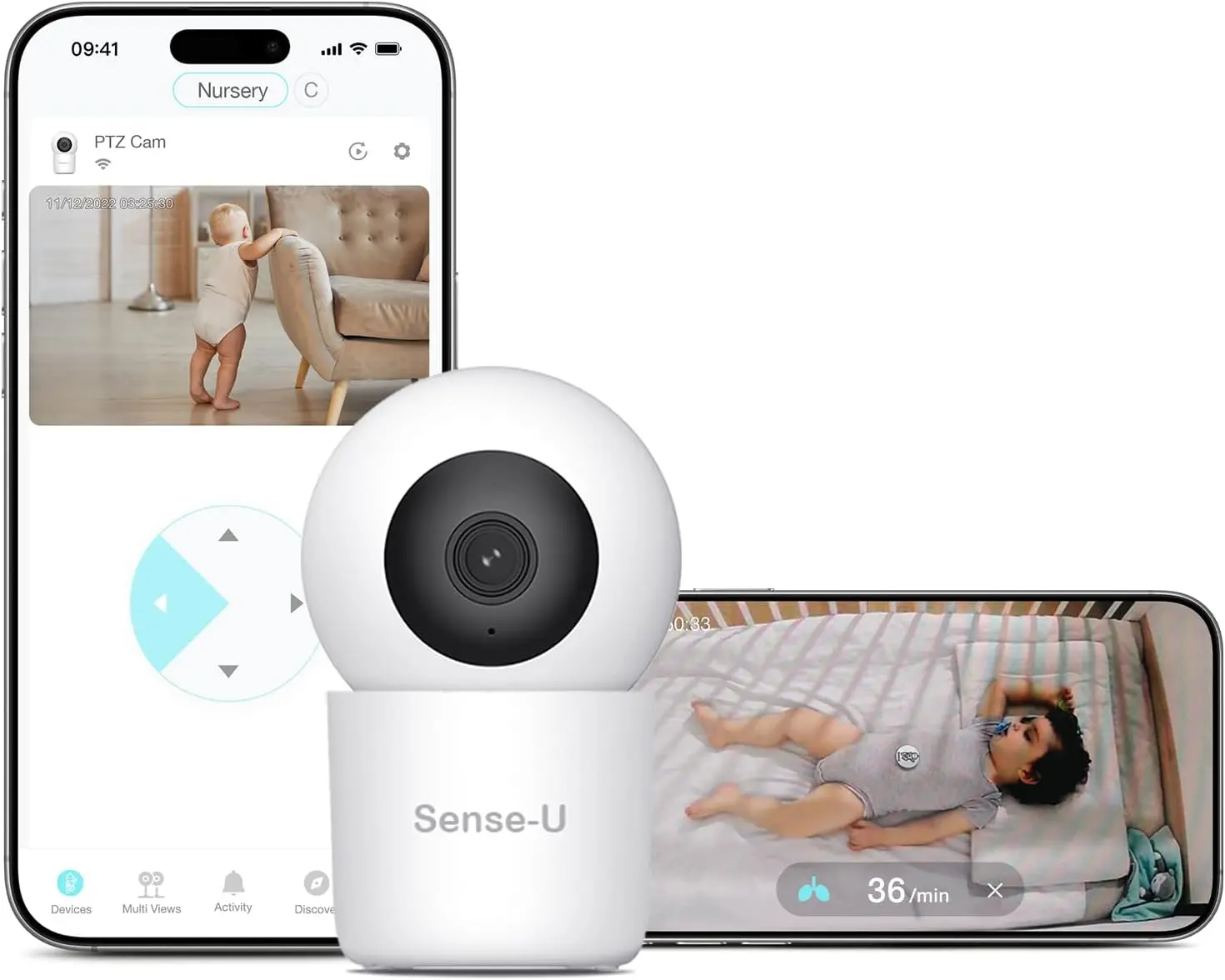 Sense-U AI 2K PTZ Baby Camera Monitor with Sensor-Free Sleeping Movement Detection, Smart Security Indoor Video Camera with Background Audio, Sound Detection, No Monthly Fee, for Peace of Mind