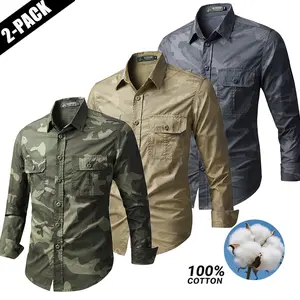 Set of 2 men’s spring/autumn tactical quick-dry long-sleeve pure cotton shirts, featuring multiple pockets, stretch fabric, a casual outdoor fit—ideal for hiking and travel.