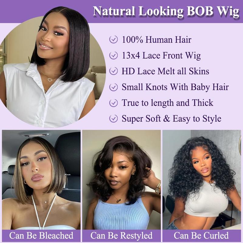 Bob Wig 100% Human Hair Wigs Glueless Lace Front 180% Density 10 Inches Bob, Pre Cut Plucked Lace Short Wig Ready To Go Natural Color Straight Bleached Knots Black Wigs