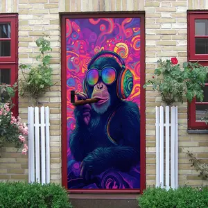 2pcs Creative Trendy Gorilla Wall Sticker PVC Creative Trendy Gorilla Wall Sticker with Headphones and Cigar Psychedelic Colorful Music Theme Home Decor Decal Removable Self-Adhesive PVC Art Sticker fo