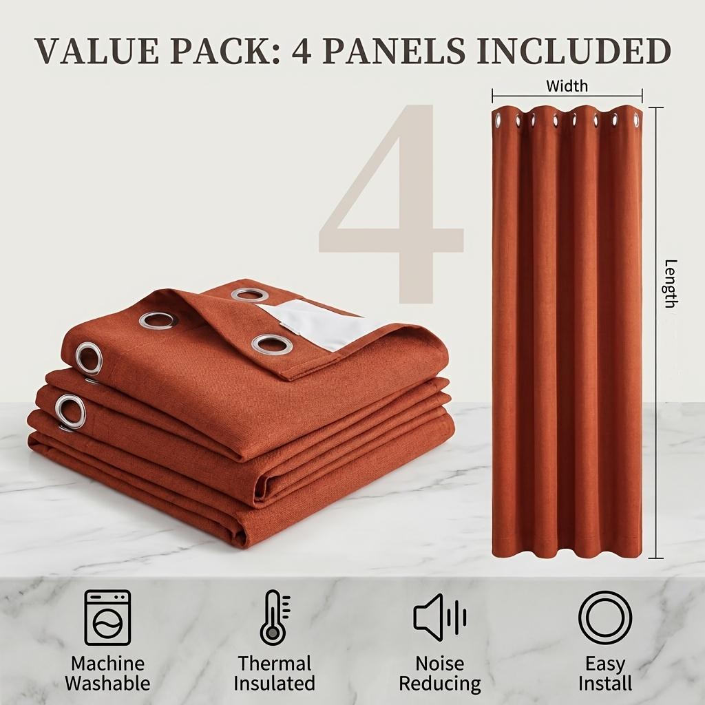 4 Panels Terracotta  Linen Blackout Curtains,  Modern Style, home decoration window curtain, Rust-Proof Metal Eyelets for Easy Slide on Curtain Rod,  for Bedroom, Living Room, Apartment & Dorm