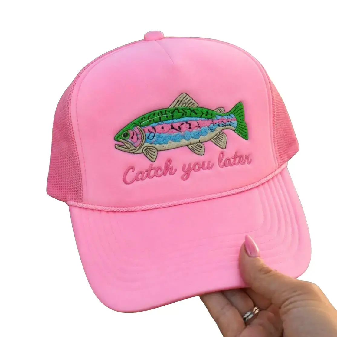 Trucker Hat for Women - Pink, Rainbow Trout Design, "Catch You Later" Embroidery, World Famous Foam Front, Adjustable Snap Closure