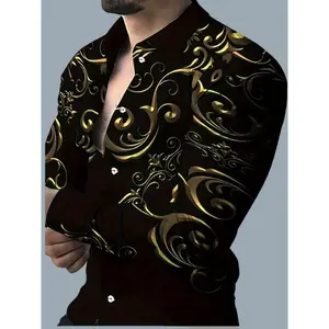 Men's Stylish Golden Floral Print Casual Shirt - Long Sleeve, Button-Up, Polyester Blend, Black Background with Elegant Golden Swirl Design, Perfect for Spring & Fall