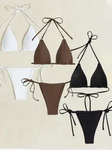 6 Piece Set Women's Halter Neck Swimsuit Set, Fashion Chic Tie Back Swim Top & Tie Side Swim Bottom Swimwear Set for Beach Holiday Vacation, Bikini Sets, Swimsuit for Women, Womenswear, Tie Back Bikinis, Bikini Outfits