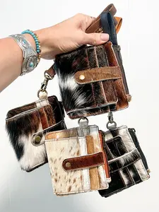 Western Style Cowhide Card Holder Wristlet with 6 Card Slots & Coin Zipper Pouch - Handmade Clear Bag Accessory