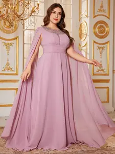 Elegant Chic Plus Size Women's V Neck Long Sleeve Sequin Chiffon Dress, Ultra-Long Maxi Slim Fit Party Gown, Formal Evening Wear