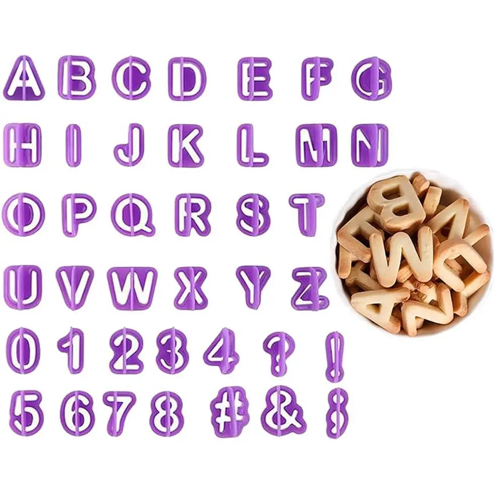 40 count Alphabet Cookie Cutters Set Purple Plastic Letter Icing Cake Decorating Fondant Number Cutters Mould Tools for Sugarcraft Biscuit Pastry Plunger Baking