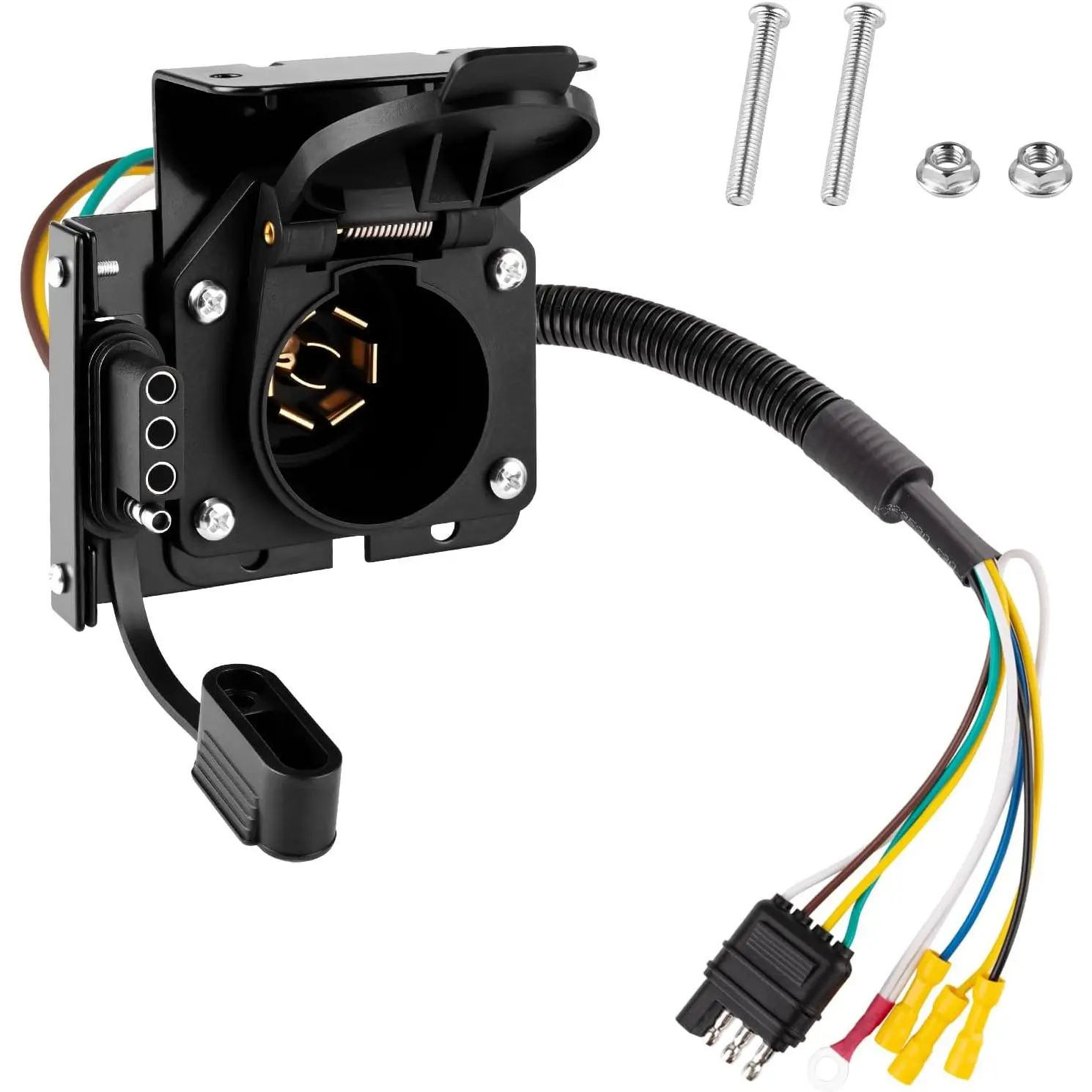 Universal 4-Way Flat to 7-Way RV Blade Adapter Kit - 1 Kit, Universal Fit, 7-Pin Trailer Light Connector, 4-Pin Wiring Harness, Safety Bracket, 854a-Plug, Easy-Install Car Accessory for RV Owners, Thoughtful Gift, Personal Use, Enhance Driving Experience