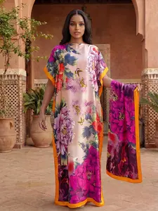 Women Floral Print Set Elegant Long Dress Robe Hooded Shawl + Long Silk Scarf Beach Sun Protection Summer