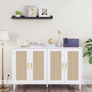 Buffet Storage Cabinet with Rattan 4 Doors, Coffee Bar Cabinet Cabinet Living Room Cupboard Kitchen Sideboard Buffet Table