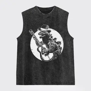 Godzilla Plays Guitar Washed Tank Top, Gym Essential, Vintage Casual Crewneck Sleeveless Menswear T-shirts Classic Cotton Fabric Streetwear