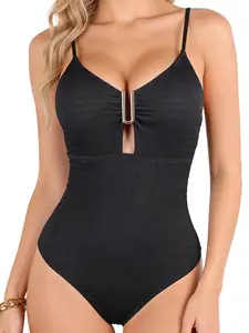 Aidonger SummerVibes One Piece Swimsuit for Women Tummy Control Ribbed Bathing Suit V Neck Cutout Push Up Swimwear with Adjustable Straps