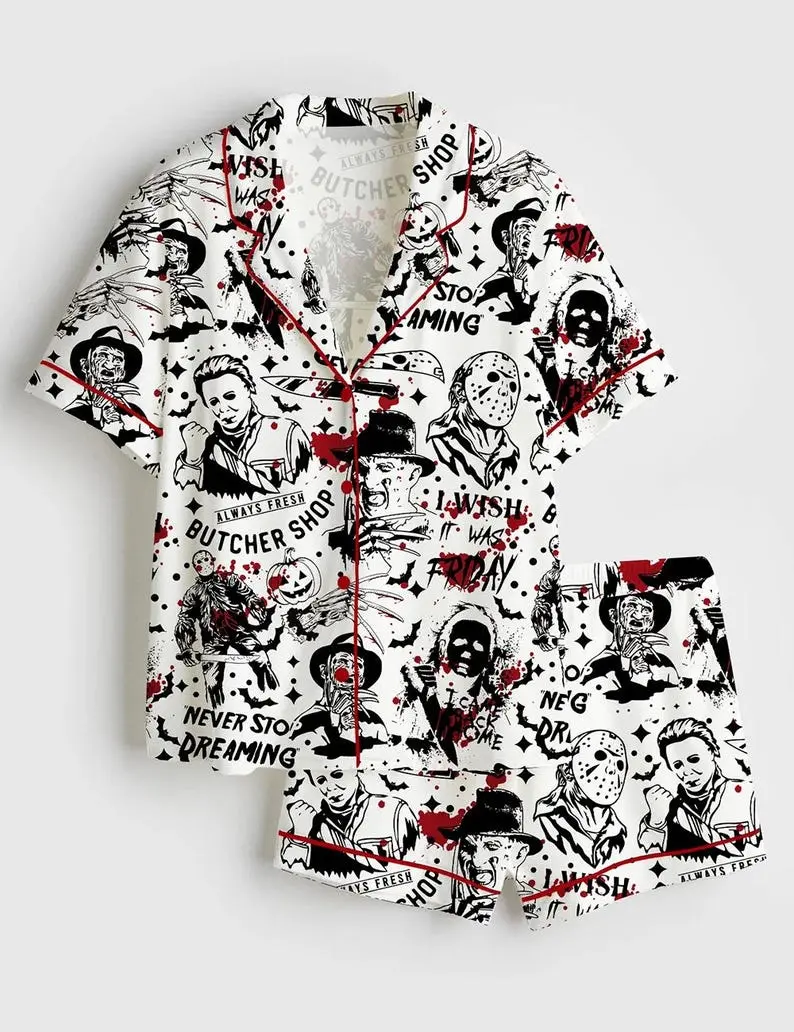 Retro Halloween Horror Movie Satin Pajama Set – Short Sleeve Sleepwear for Men, Women and All Ages