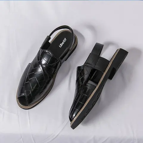 Men's Black Buckless Cross-Strap Open-Body Closed-Toe Sandals - Crocodile Embossed Leather Look Fisherman Walking Shoes, Breathable Lightweight Slip-On Slingback Loafers, Casual Outdoor Beach Vacation Footwear, Wardrobe Essentials