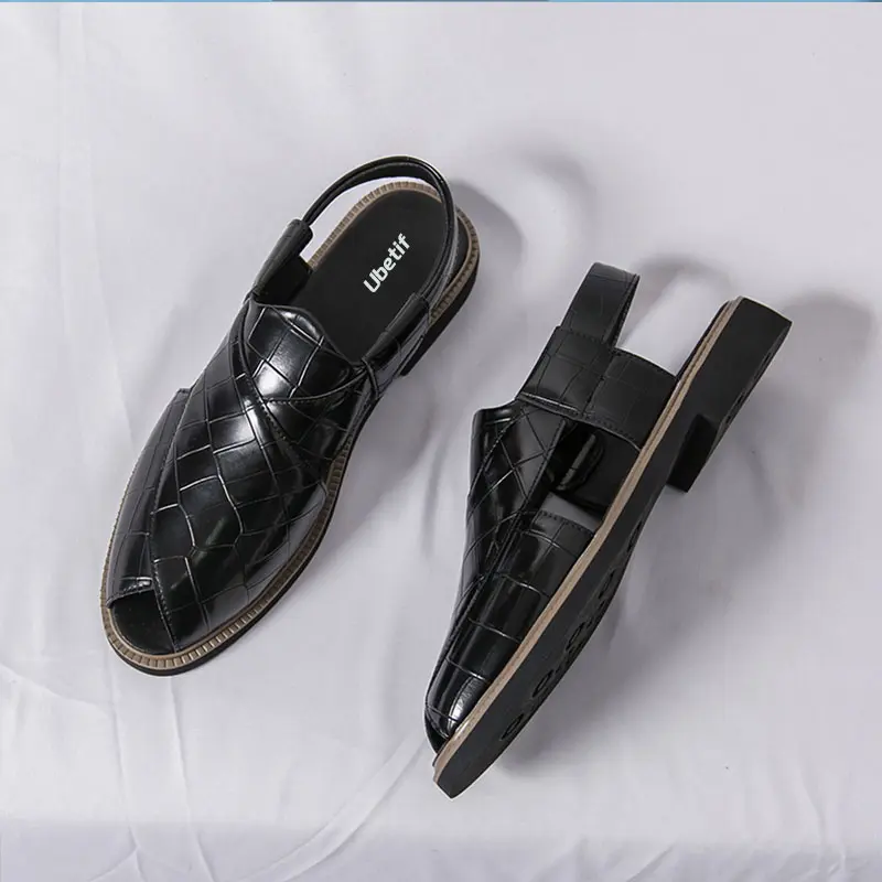 Men's Black Buckless Cross-Strap Open-Body Closed-Toe Sandals - Crocodile Embossed Leather Look Fisherman Walking Shoes, Breathable Lightweight Slip-On Slingback Loafers, Casual Outdoor Beach Vacation Footwear, Wardrobe Essentials