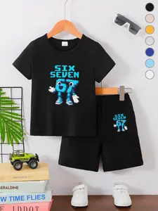 Summer Boys' T-Shirt Short Sleeve + Loose Shorts Set, Printed 'six Seven' Blue Number 67 Cartoon Character, Casual Fitted Style, Husky Boy Clothes