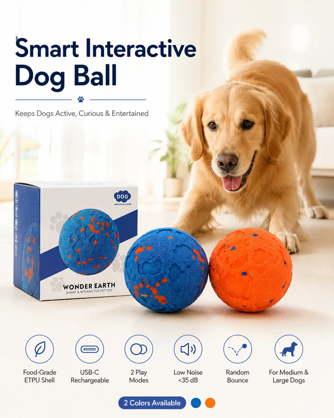 Smart Interactive Dog Ball Toy, USB-C Rechargeable Automatic Bouncing Pet Ball with 2 Play Modes, Low Noise ETPU Dog Toy for Medium & Large Dogs