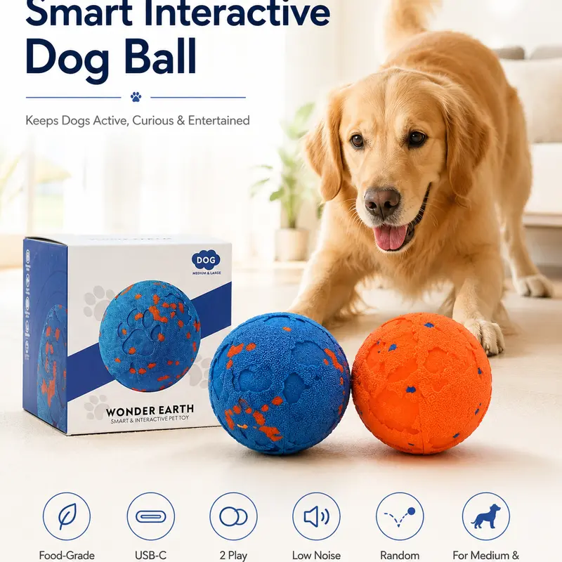 ETPU (Thermoplastic Rubber) Shell Interactive Dog Ball Toy, USB-C Rechargeable, Automatic Random Bounce, 2 Play Modes, Low Noise for Medium & Large Dogs