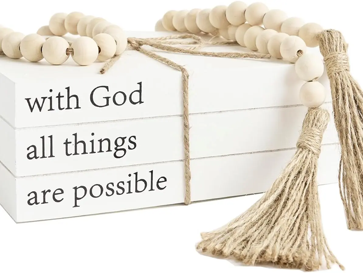 Decorative Books for Home Decor, White Faux Books for Decoration, Rustic Farmhouse Stacked Display Books (with God All Things are Possible)