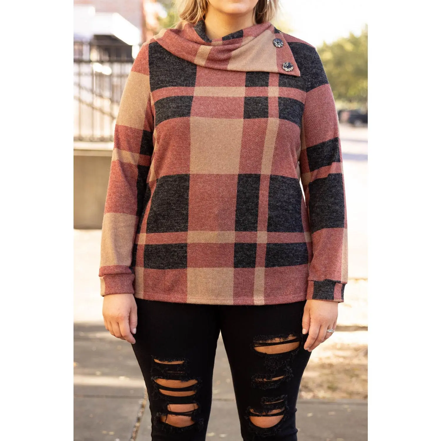 Mineral Red Plus Size Plaid Button Decor Neck Sweater
