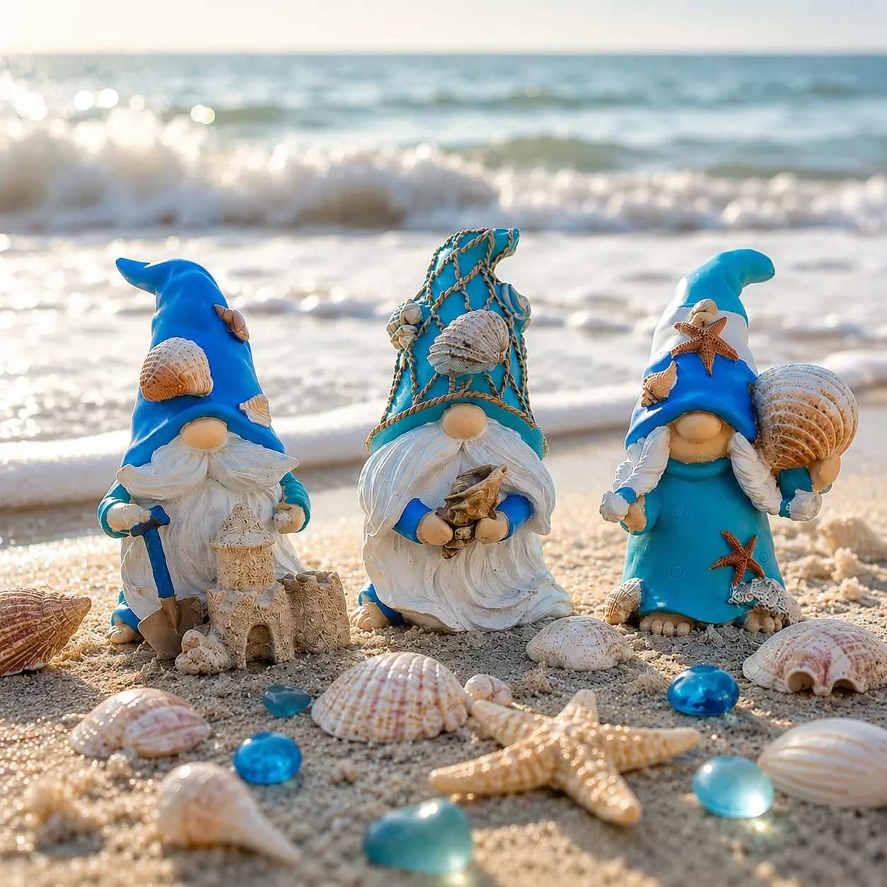 Coastal Beach Gnome Figurines Set of 3, Hand Painted Resin Nautical Decor for Beach House Ocean Theme Shelf Tabletop Living Room Accent Gifts for Beach Lovers