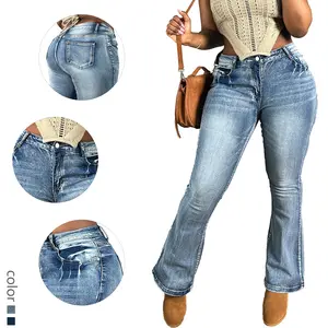 Vintage distressed high-waisted, buttocks-raising summer flared denim pants