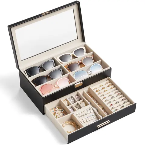Lifewit Velvet Double-Layer Jewellery & Eyewear Organizer - Transparent Lid Storage for Bracelets, Necklaces, Rings, Sunglasses - Unisex Display Case, Gift Idea for Women