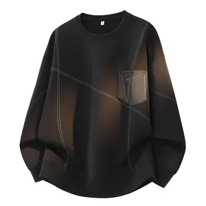 Men's Plus Size Heavyweight Simple Linear Texture Crew Neck Sweatshirt, Comfortable Versatile Pullover Long Sleeve T-Shirt with Front Kangaroo Pocket, Great for Everyday Wear S-5XL