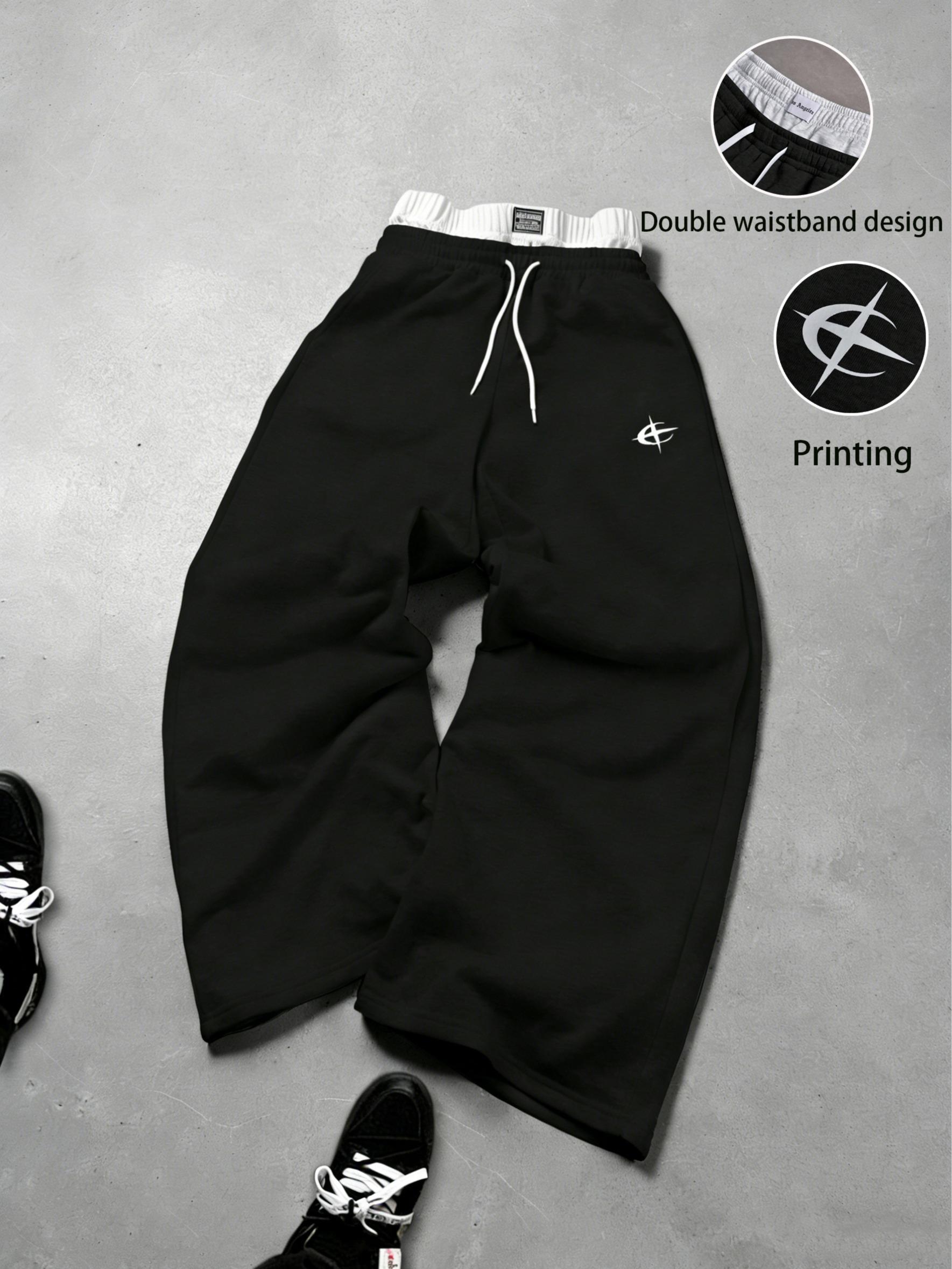Gray sweatpants with embroidered logo, Y2K American street casual joggers, loose casual knitted sports pants featuring a drawstring and faux two-piece design with contrasting double waistband, perfect for everyday wear and trendy gatherings.